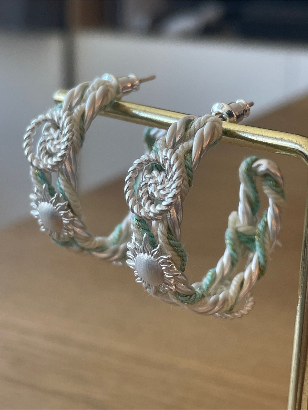 Anthropologie White and Mint Braided Floral Hoop Earrings - Picture 4 of 5